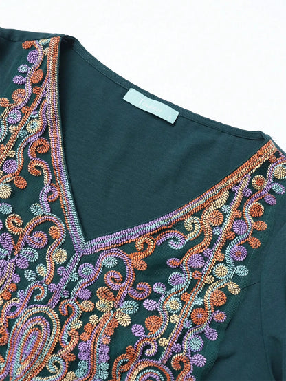 TOLEEN Damen Knöchellange Kleider Eid Al-Fitr Muslim Lose Applizierte V-Ausschnitt Langarm Damen Robe Islamisches Dubai ElegantDress.