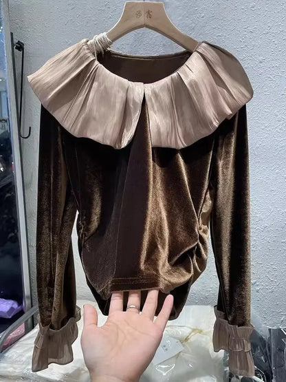 Autumn Korean Patchwork Solid Color Peter Pan Collar T-Shirts Female Temperament Ruffles T-Shirts Women Clothing All-match Tops.