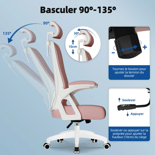 AUTHMIC Ergonomischer Bürostuhl (ROSA) mit klappbaren Armlehnen, verstellbarer Rückenlehne, verstellbarer Kopfstütze und Lordosenstütze, 150 kg