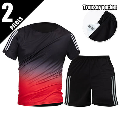 2pcs Summer Men's Quick drying Sports Suit Loose And Comfortable Round Neck Short Sleeved T-shirt Versatile Running Pocket Short