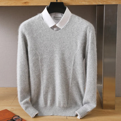 Men's 100% Pure Mink Cashmere Sweater V-Neck Pullovers Knit Large Size Mink Sweater Winter New Tops Long Sleeve High-End Jumpers.