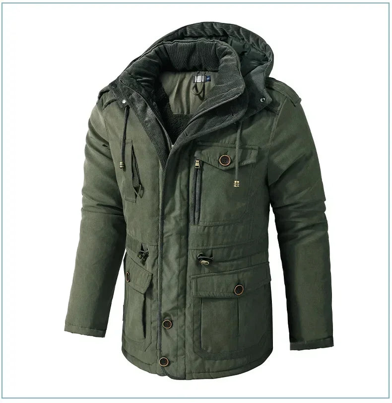 Men's Jacket WINTER USA SIZE Large SIZE Lamb Fleece JACKETS Hooded Cotton Thickened Multi Pocket Casual Mid length Coat.