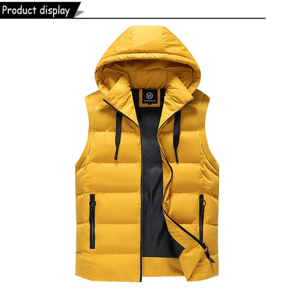 Men Autumn Sleeveless Outdoors Casual Solid Warm Vest Men Winter Detachable Hooded Fleece Pocket Zipper Fashion Vest Male Coat.