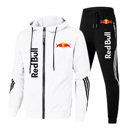 2025 Red Bull Logo Men's Hoodie Set Two-piece New Red Bull Brand Logo Printed Zipper Jacket Solid Color Simple Cycling Suit.