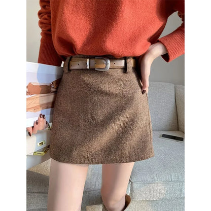 YENKYE Women Vintage High Waist Woolen A-line Mini Skirt Elegant Lady Office Wear Autumn Winter Skirts.
