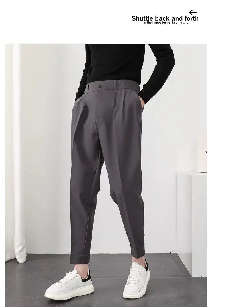 Fashion Men Casual Pants Elastic Waist Small Feet Slim Korean Style Pleated Tapered Male Blazer Pants Trousers Streetwear.
