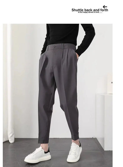 Fashion Men Casual Pants Elastic Waist Small Feet Slim Korean Style Pleated Tapered Male Blazer Pants Trousers Streetwear.