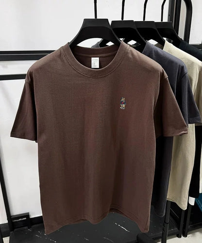 Light luxury 100% cotton men's T-shirt short sleeve round neck skin friendly comfort fashion brand cartoon bear embroidered top.