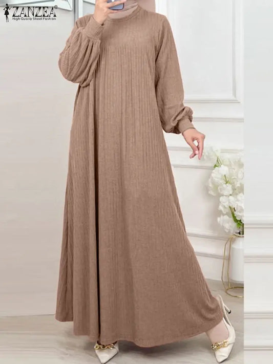 ZANZEA Fashion Muslim Abaya Women Autumn Maxi Sundress Casual Long Sleeve Kaftan Hijab Vestido Solid Loose Islamic Clothing 2024.