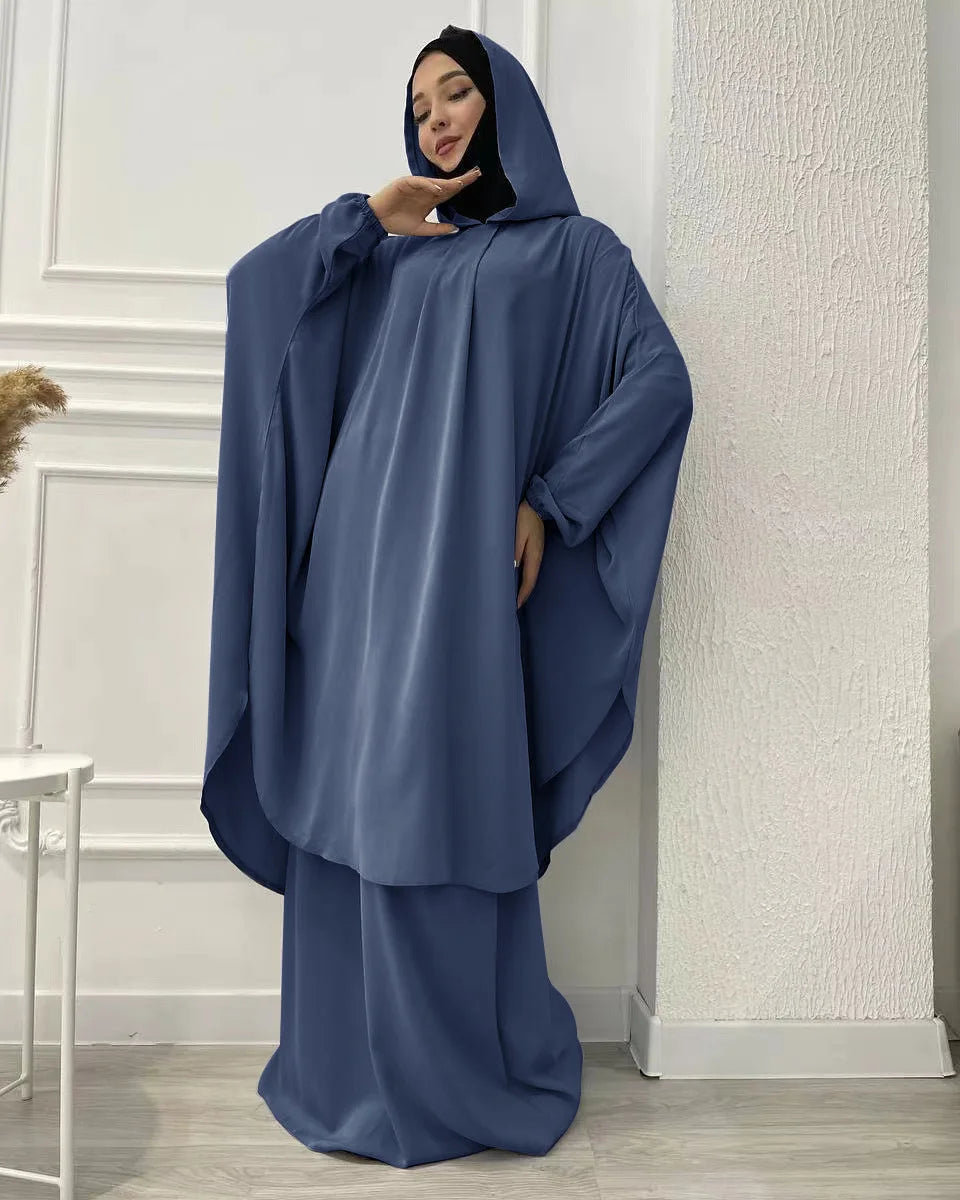 Eid Hooded Abaya 2 Piece Set Long Hijab Khimar Muslim Women Dress Prayer Jilbab Ramadan Gown Abayas Skirt Sets Islamic Clothes