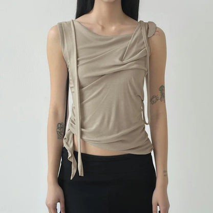 Gentle Style Asymmetric Knotted Straps with One Shoulder Solid Color Top Pleated Waist and Slim and Versatile Short Sleeves.