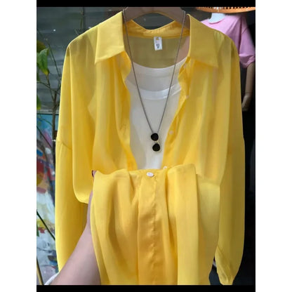 1pcs Woman Four Seasons Shirt Lady Thin Sunscreen Shirts Female Casual Long Sleeve Turn-down Collar Loose Med-Length Style Tops
