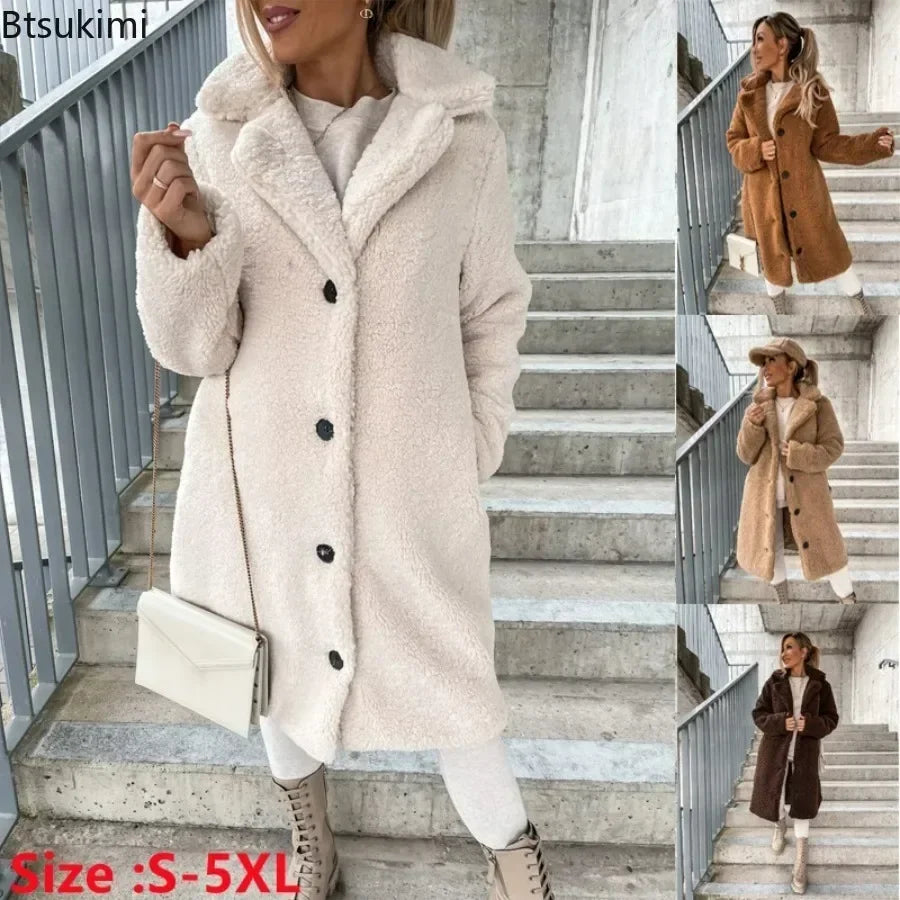 2025 frauen Winter Faux Wolle Mischungen Warme Mantel Einreiher Oberbekleidung Teddy Plüsch Mäntel Weibliche Chic Streetwear Mäntel 5XL.