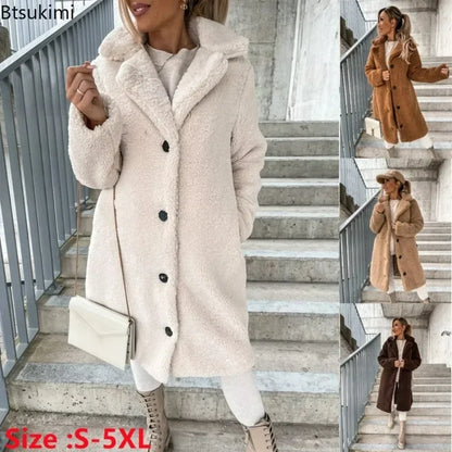 2025 frauen Winter Faux Wolle Mischungen Warme Mantel Einreiher Oberbekleidung Teddy Plüsch Mäntel Weibliche Chic Streetwear Mäntel 5XL.