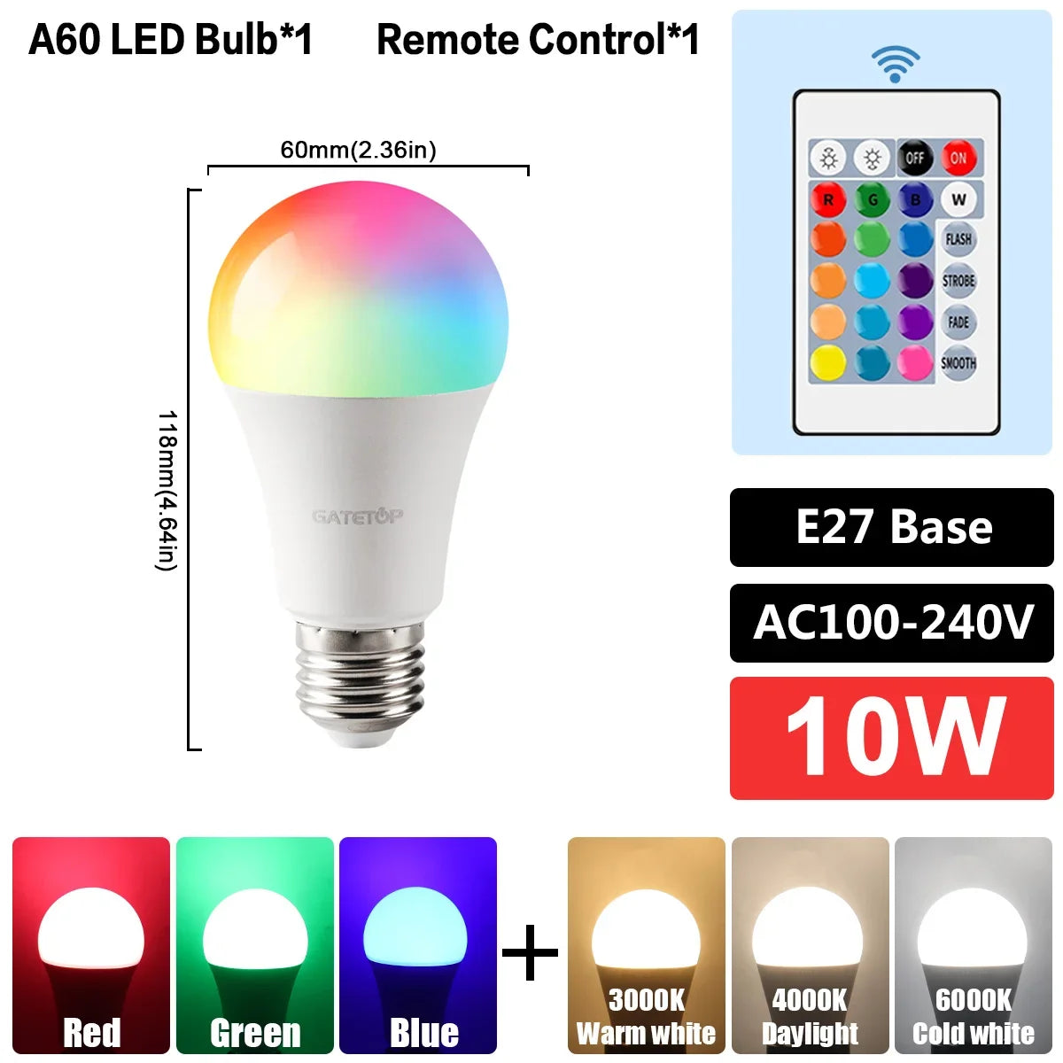 E27 RGB LED Bulb Base 24 Key Remote Control Dimmable 10W RED Blue AC220V 110V Colorful Change for Bedroom Living Room Desk Lamp.