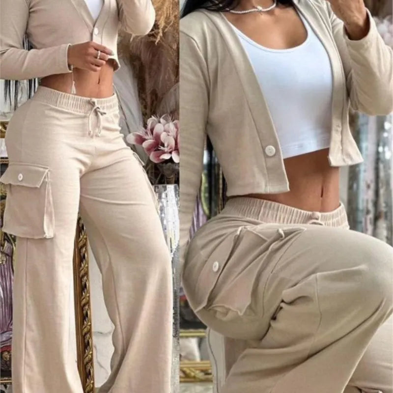 Autumn Fashionable And Elegant Solid Color Women's Suit Long-sleeved V-neck Short Coat Pocket Wide-leg Drawstring Trousers Suit.