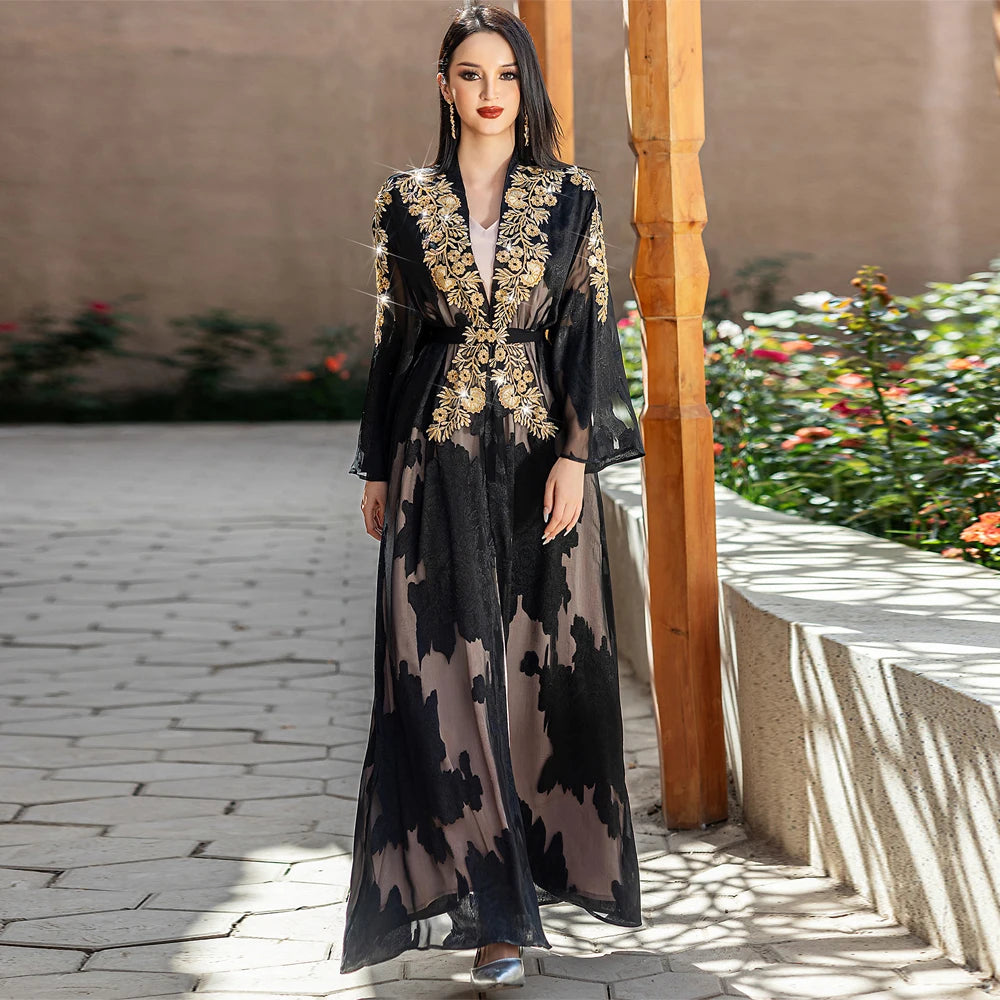 Fashion Lace Embroidered 2 Piece Set Robe Belt Abaya Dubai Kaftan Women Muslim Dress Morocco Caftan Ramadan Kebaya Jalabiya Gown