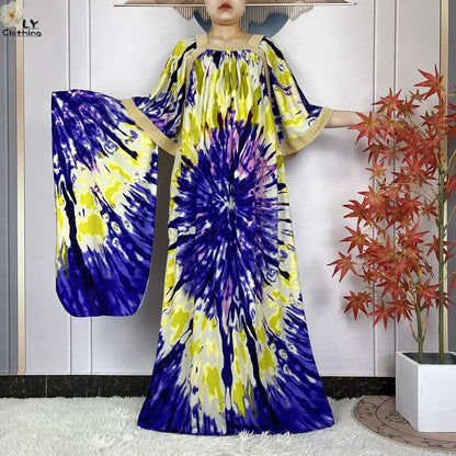 New Muslim Dress Woman Short Sleeve Dashiki African Abaya Tie-dyed Printing Cotton Loose Femme Robe Islamic Dresses With Scarf