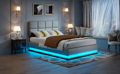 Anajqaqia Polsterbettgestell mit LED-Beleuchtung, 140 x 200 cm, mit hydraulischem Stauraum, Grau