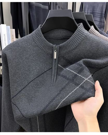 Men's New Thickened Turtleneck Knitwear Autumn Winter New Zipper Solid Color Sweater Middle Aged Warm Knit Top