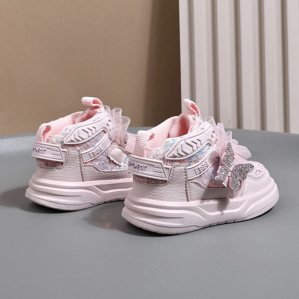 2025 New Autumn Children Shoes Leather Toddler Kids Sport Shoes Bling Bling Cute Butterfly Soft Sole Fashion Girls Sneakers.