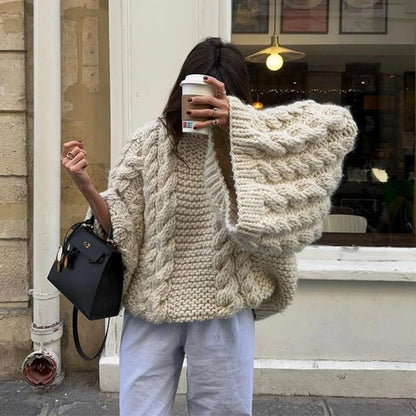 Casual Twists Stricken Oversize-Pullover Frauen Oansatz Lange Flare Hülse Lose Solide Pullover 2025, Herbst Winter Vintage Pullover