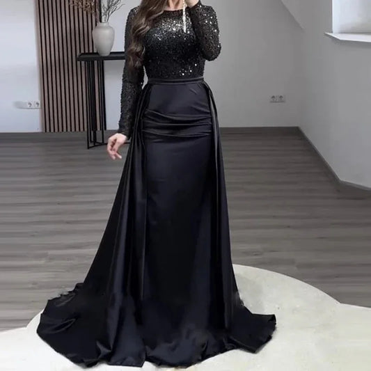Elegant Satin Sequin Stitching Dress Luxury Glitter High Waist Gala Evening Dress Women Chic Long Sleeve Full Length Party Dress