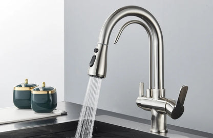 Quyanre Matte Black Filtered Crane For Kitchen Pull Out Spray 360 Rotation Water Filter Tap Three Ways Sink Mixer Kitchen Faucet