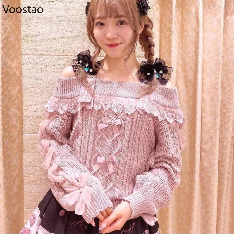 Vintage Sweet Lolita Style Knitted Pullover Autumn Girls Cute Off Shoulder Lace Ruffles Bow Sweater Women Harajuku Knitwear Tops.