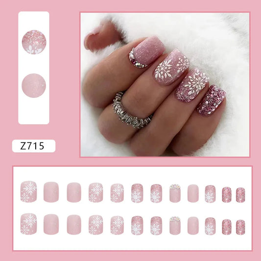 Short Square False Nails French Snowflake Glitter Drill Nail Art Full Cover Detachable Press on Nail Tips Christmas Fake Nails.