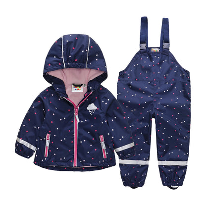 HONEYKING Children's Clothing Sets Raincoat Suit Baby Waterproof Overalls Pants Girls Jumpsuit For Kids Jacket And Trousers Set.