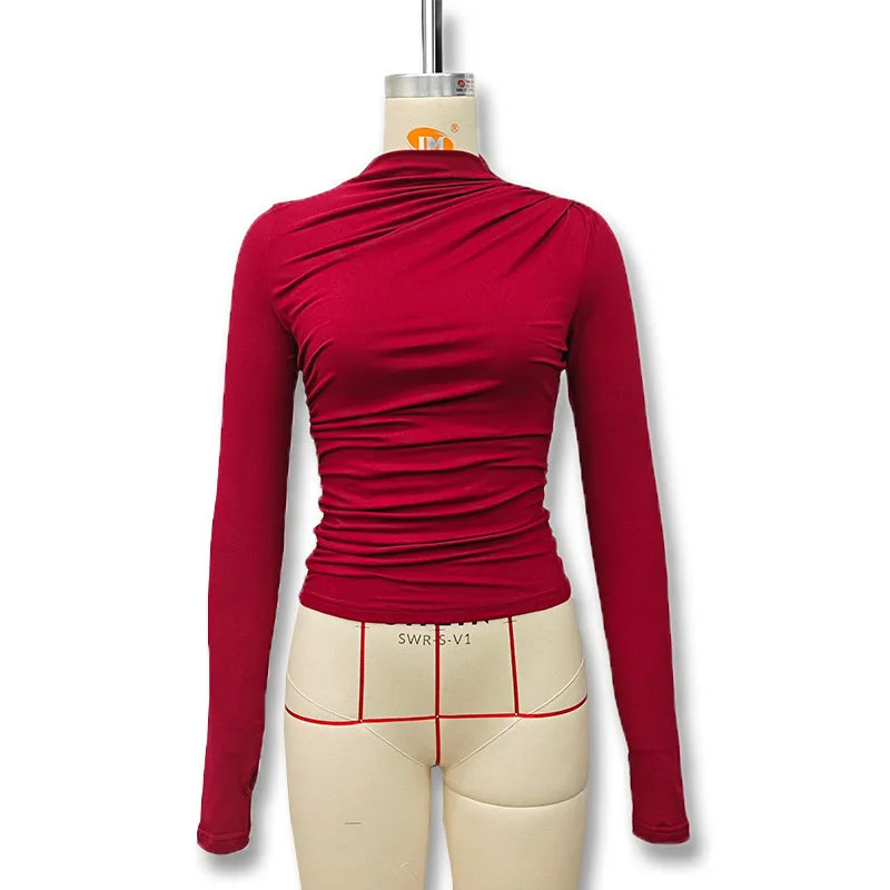 Gtpdpllt Women Tees Sexy Turtleneck Long Sleeve Pleated Basic Women's T-shirts 2025 Spring Autumn Fashion Chic Female Streetwear