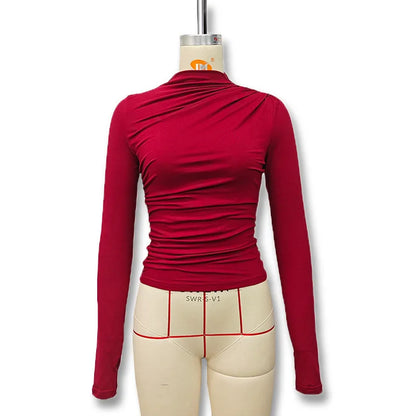 Gtpdpllt Women Tees Sexy Turtleneck Long Sleeve Pleated Basic Women's T-shirts 2025 Spring Autumn Fashion Chic Female Streetwear