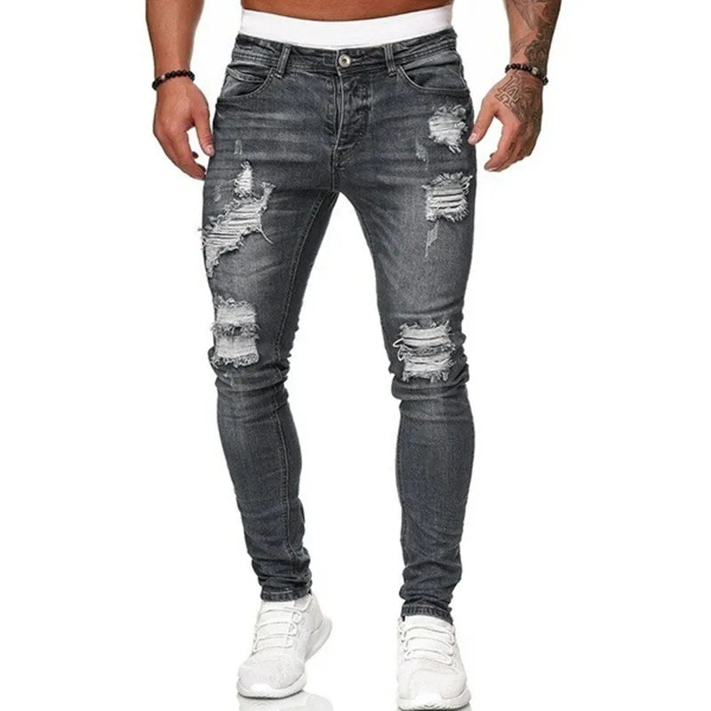 Fashion Street Style Ripped Skinny Jeans Men Vintage wash Solid Denim Trouser Mens Casual Slim fit pencil denim Pants hot sale.