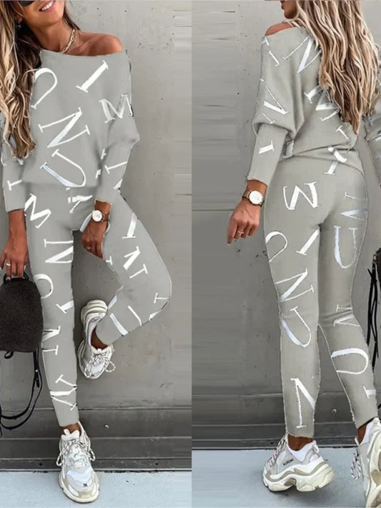 Autumn New Women's Fashion Letter Print Sexy Off Shoulder Long Sleeved Leggings Long Pants Casual Comfortable Two-piece Set.