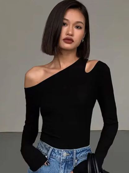 Fashion Skew Collar Off-shoulder Long-sleeved T-shirts Women Spring New Solid Slim Fit Crop Top Sexy Hollow Out Tees Shirts.