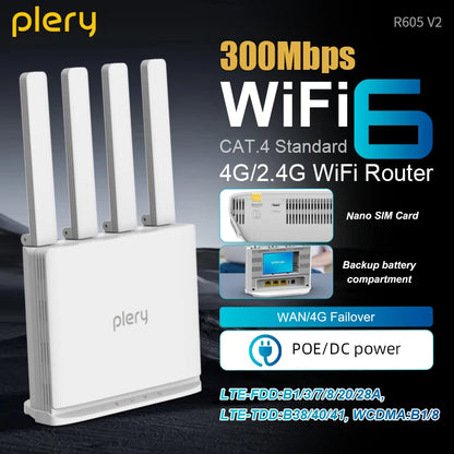 Plery 4G LTE Router 300Mbps WiFi6 Router Plug And Play 2.4G 3 RJ45 Ports 5000mAH Battery Backup For Home/Office/Travel.