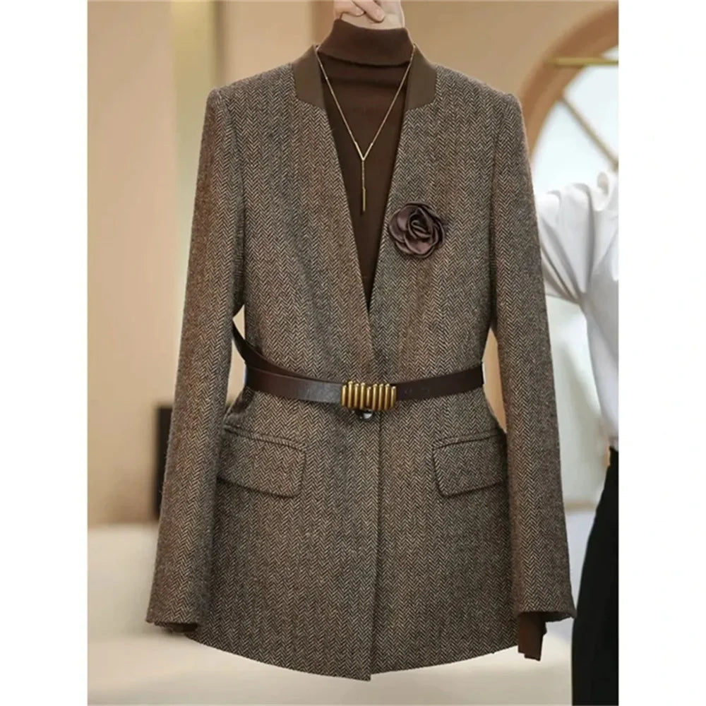 Mode Kaffee Woolen Anzug Jacke 2025, Herbst Winter Neue Damen Temperament V-ausschnitt Langarm Blazer Weibliche