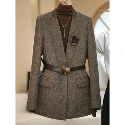Mode Kaffee Woolen Anzug Jacke 2025, Herbst Winter Neue Damen Temperament V-ausschnitt Langarm Blazer Weibliche