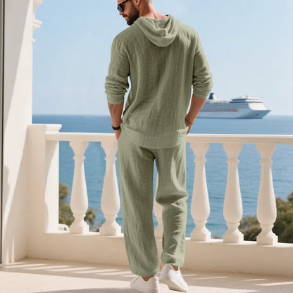 Cross-border Autumn Linen Men's Casual Suit Loose Hooded Henley Shirt Long Sleeve Pants Suit
