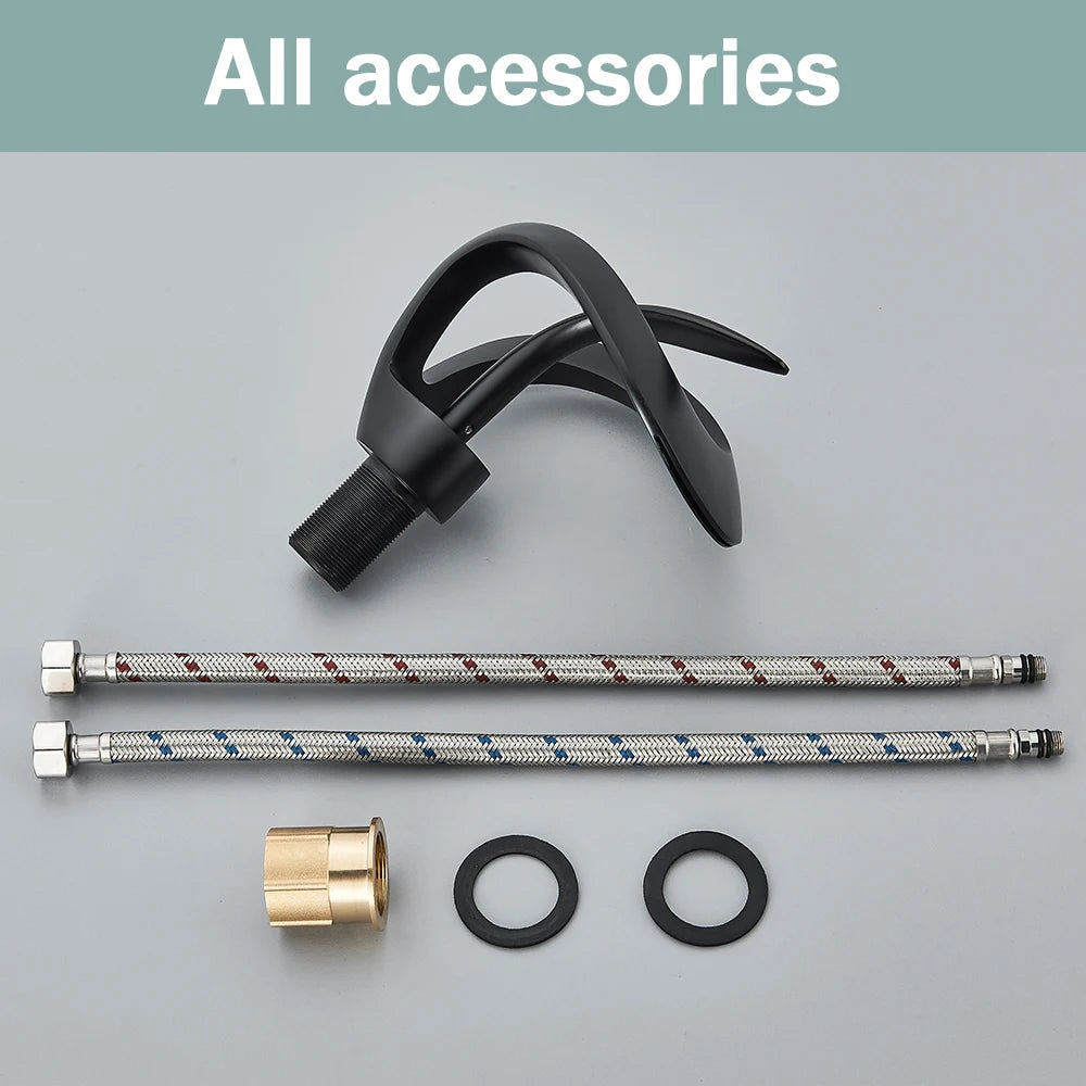 Rozin Luxury Black Basin Faucet Grey Bathroom Waterfall Mixer Tap Brass Deck Mount Modern Style Hot Cold Water Sink Mixer Crane