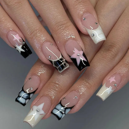 Short Square Fake Nails Y2K Style Nails Press on White/Black French Tips Star Diamond Designs False Nails for y2k Girls 24Pcs.