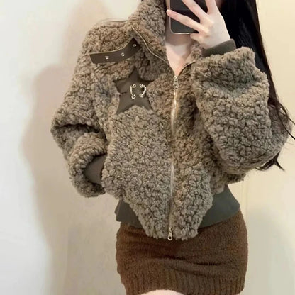 Winter Lamm Wolle Vintage Jacke Frauen Stehen Kragen Faul Wind Casual Zipper Mäntel Langarm 3D Dekoration Lose Geerntete Jacken