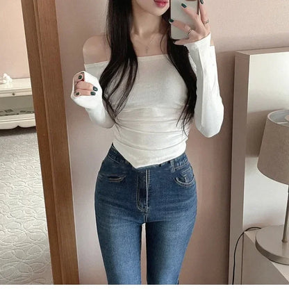 Korean Dongdaemun Fashionable Women's Clothing Off-the-shoulder Sexy Slimming Long Sleeve T-shirt Cropped Top Smooth Silhouette.