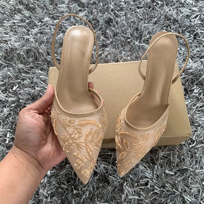 Luxury Brand High Heels Women Sandals Mesh Embroider Elegant Pointed Ladies Slingback Evening Party Wedding Bridal Dress Shoes.