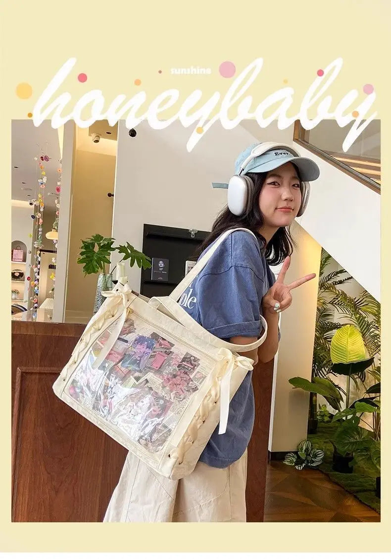 New Versatile Fashion Ribbon Itabag Large Capacity Green Large Food Anime Millet Bag Daily One Shoulder Tote Bag.