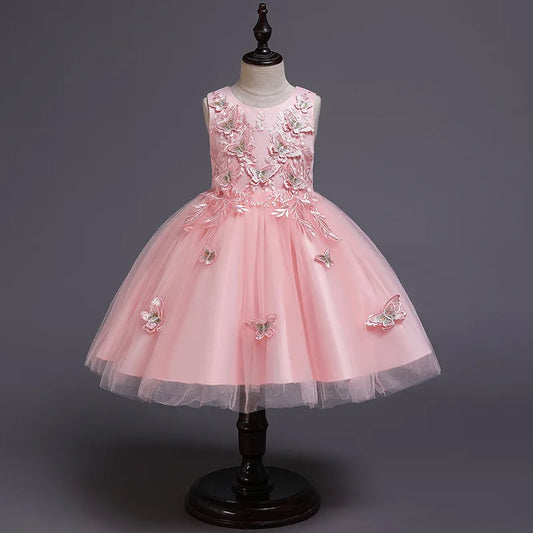 Elegantes Kleid für Mädchen, Abend, Hochzeit, Schmetterlingsapplikationen, Netzstoff, Prinzessinnenkleid für Kinder, Geburtstagsfeier, Abschlussball, Performance-Kleid