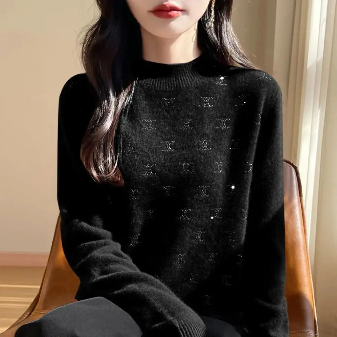 Temperament Fashion Autumn Winter New Sweaters Women Turtleneck Diamonds Long Sleeve Loose Pullovers Bottoming Shirt Knitted Top