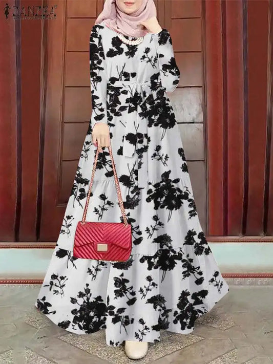 Zanzea Blumen druck böhmischen Maxi kleid Frauen Mode Langarm o Hals abgestufte Vestidos islamische muslimische Gürtel Abaya lange Roben