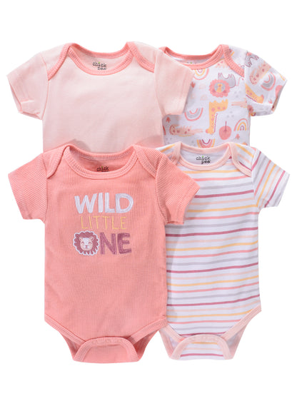 4PCS Neugeborenen Strampler Kurzarm Rundhals Cartoon Tier Blumen Drucken Body Onesies Für Baby Jungen Und Mädchen Kleidung